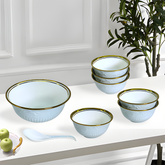 Luxurious Light Blue & Gold 8-Piece Embossed Ceramic Dessert & Pudding Set | Elegant Gift Box Packaging